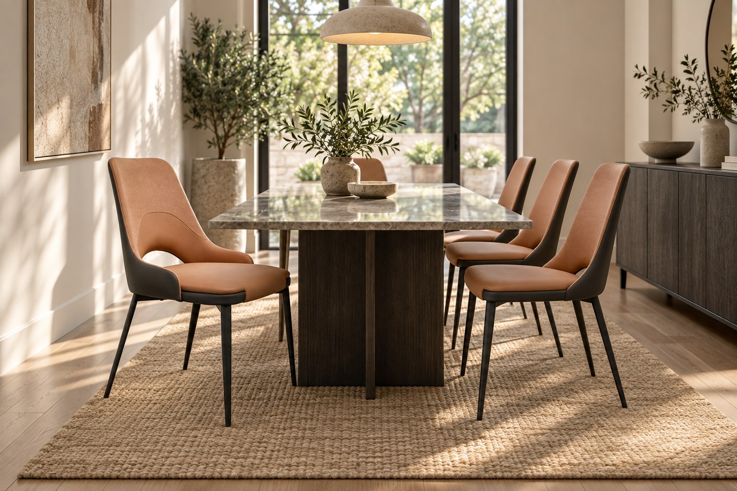 armless vs armed dining chairs shown in a realistic CafeTableChair furniture scene