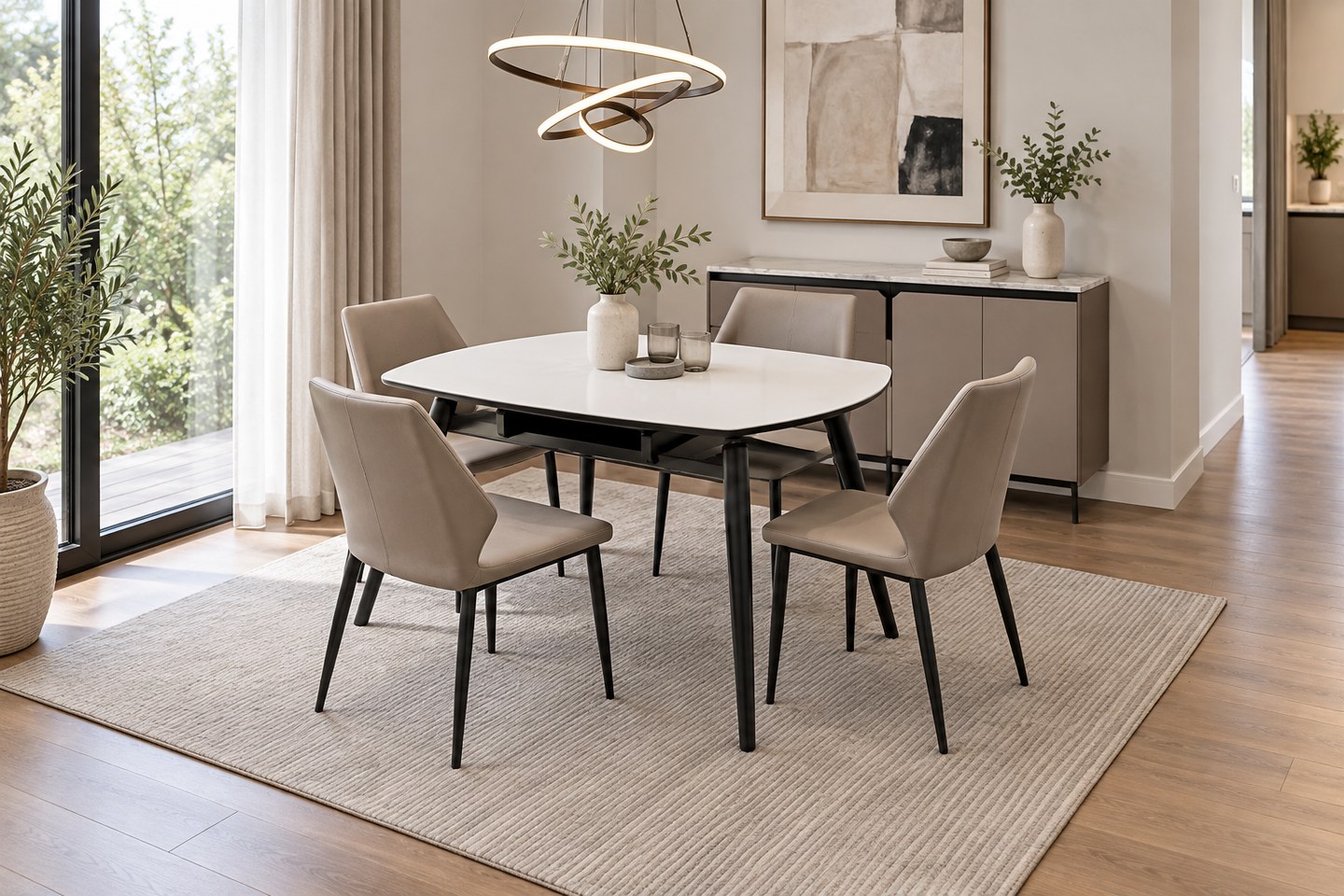 dining table too small for four chairs in a realistic CafeTableChair furniture scene